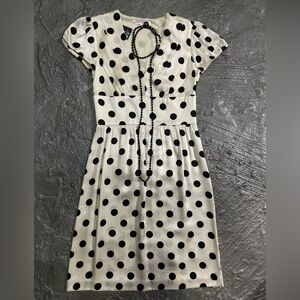 Betsey Johnson vintage silk polka dot dress / Black beaded necklace